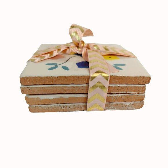 Peach Floral Terracotta Ceramic Tile Cup Coasters Set of 4 - Picture 2 of 5